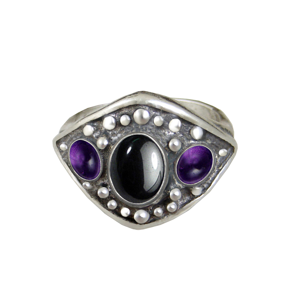 Sterling Silver Medieval Lady's Ring with Hematite And Amethyst Size 8